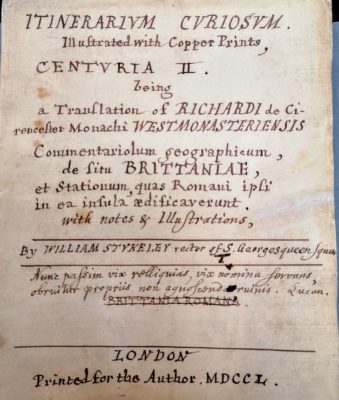 Stukeley’s draft title-page of 'Itinerarium Curiosum: Centuria II, being a Translation of Richardi de Cirencester’